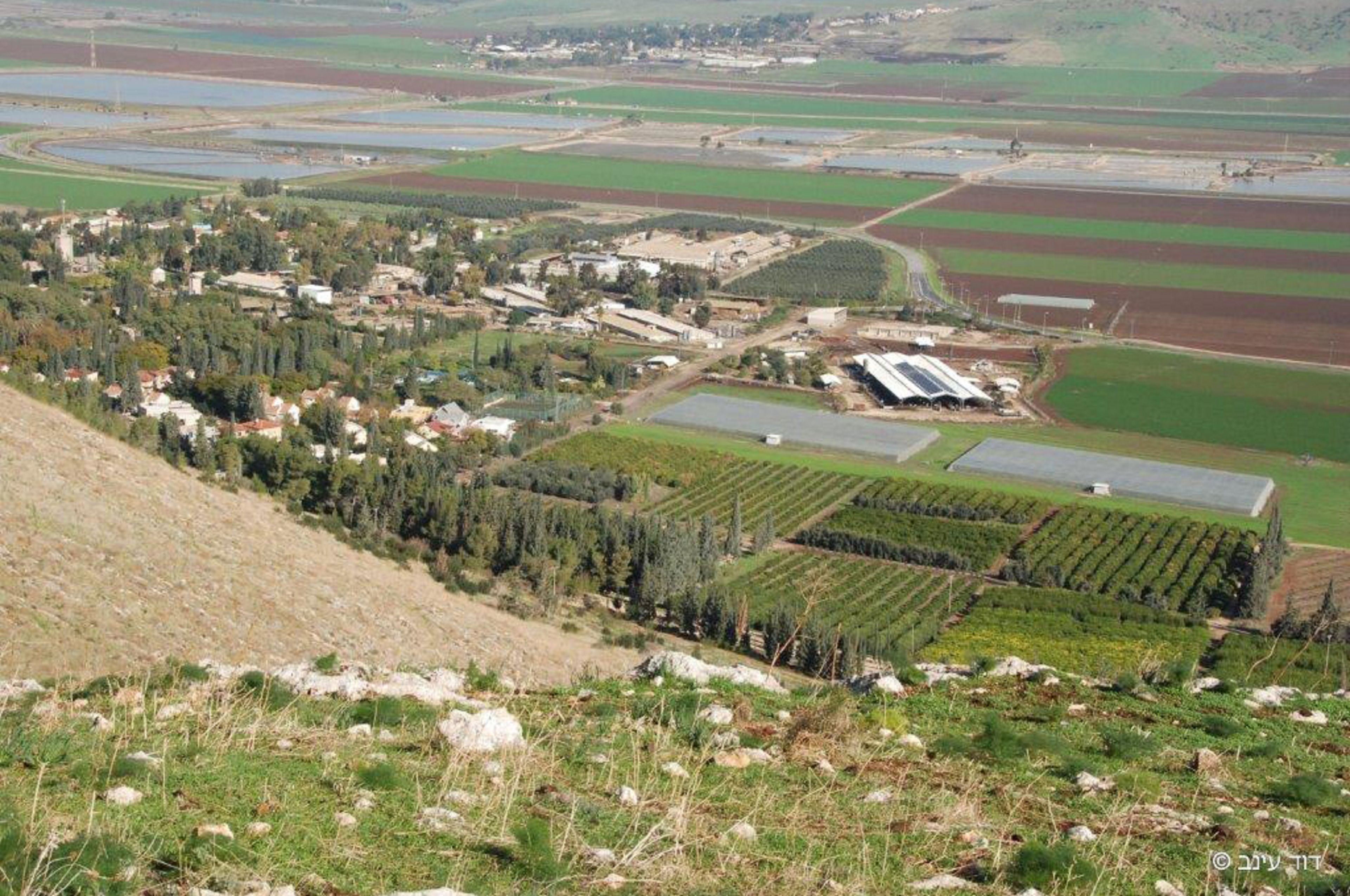 Paisaje rural con campos de cultivo, un pequeño poblado y un gran edificio industrial.