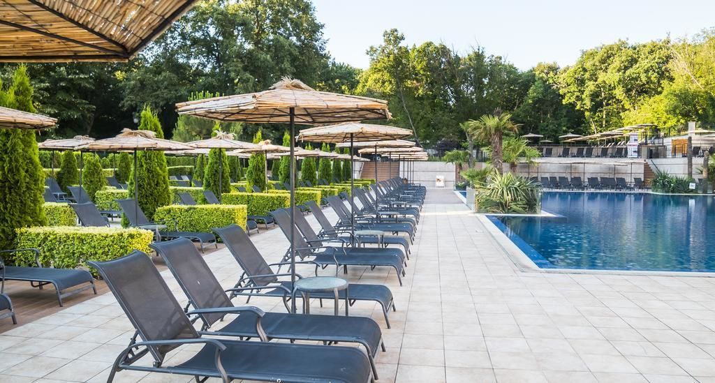 A poolside area with lounge chairs and umbrellas, a clear pool, and well-maintained landscaping.