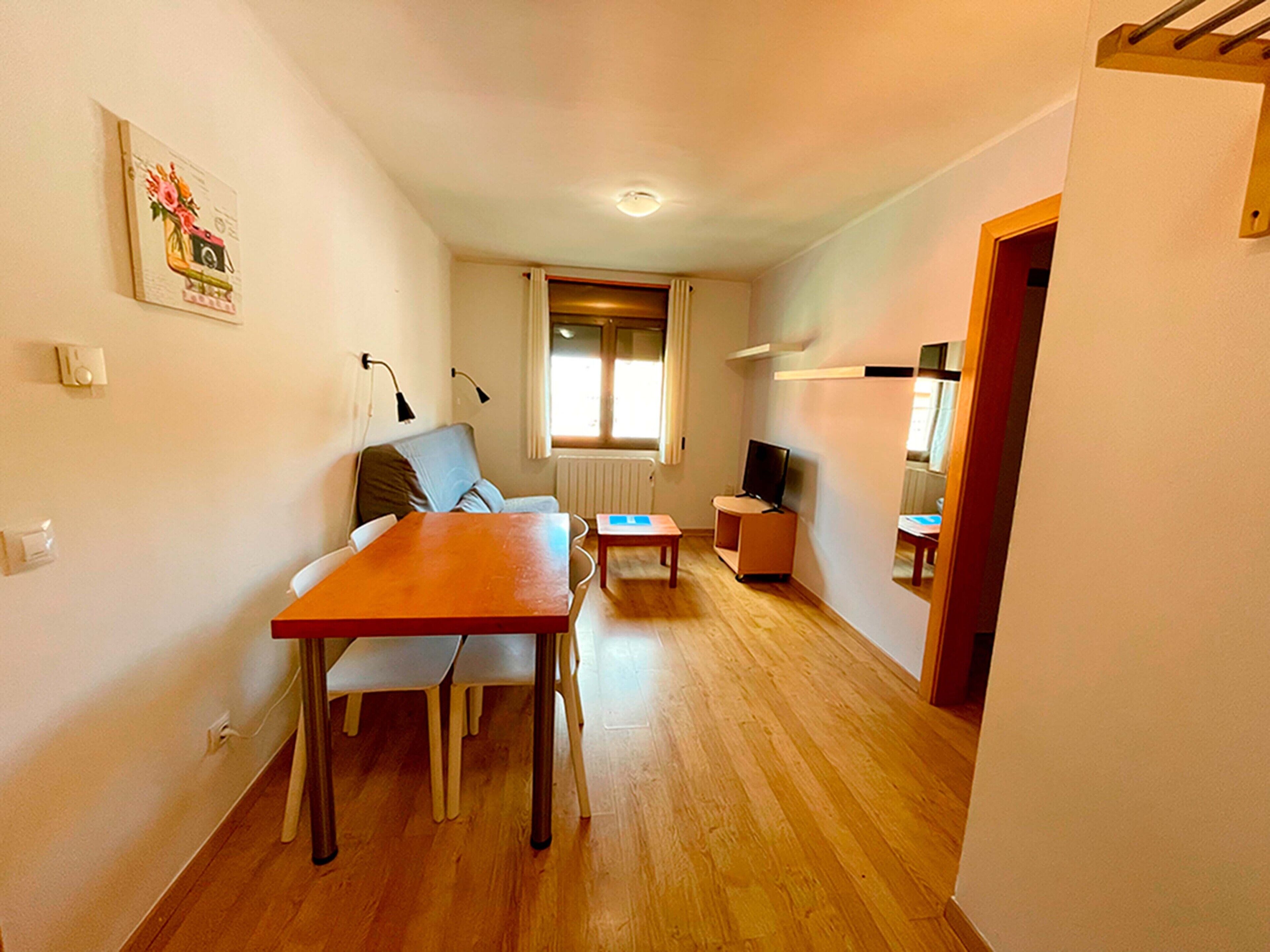 Un espacio habitable compacto con una mesa de comedor, dos sillas, un sofá, un televisor y un radiador.