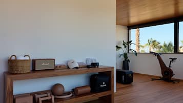 A modern room with a wooden floor, a large window with a view of palm trees, a standing exercise bike, and various wellness equipment on shelves.