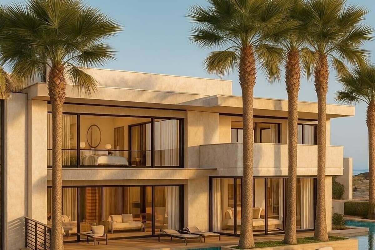 A modern multi-story hotel with a pool, palm trees, and a view of the sea.