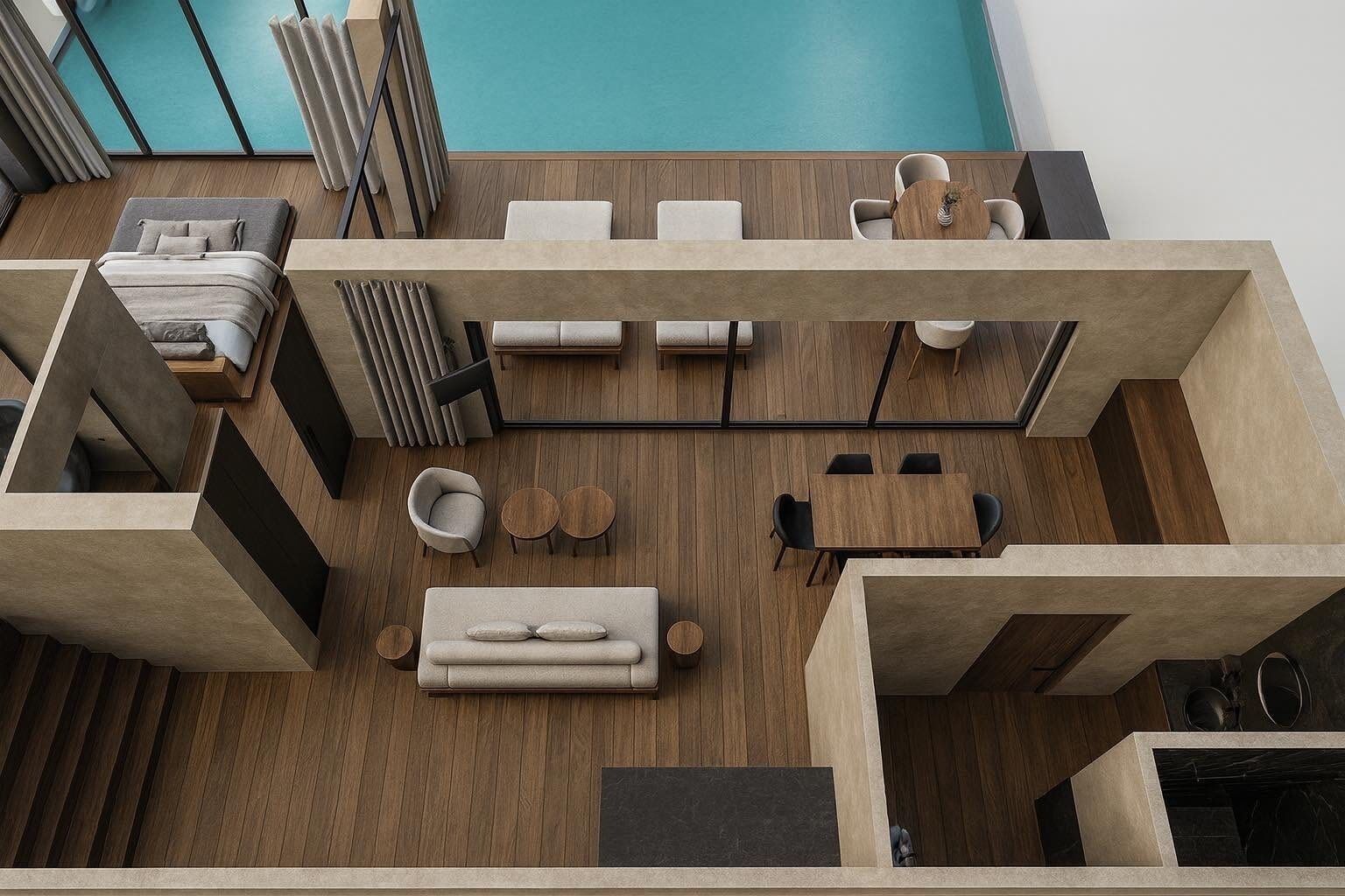 Ein modernes Interieur mit Pool, Holzboden und verschiedenen Sitzgelegenheiten, darunter eine Couch, Sessel und ein Esstisch.