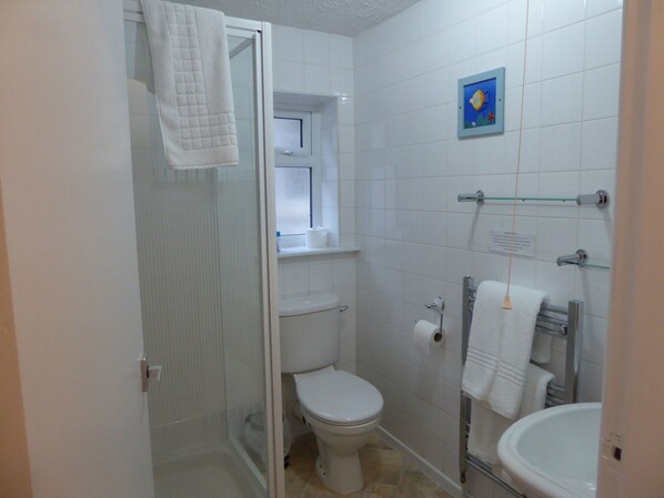 A bathroom with a toilet, a glass shower enclosure, a sink, and a towel rack. - The Berwick - Over 40's Only (Blackpool)