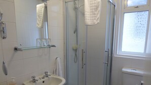 Een badkamer met een douche met glazen wand, een wastafel en een toilet.