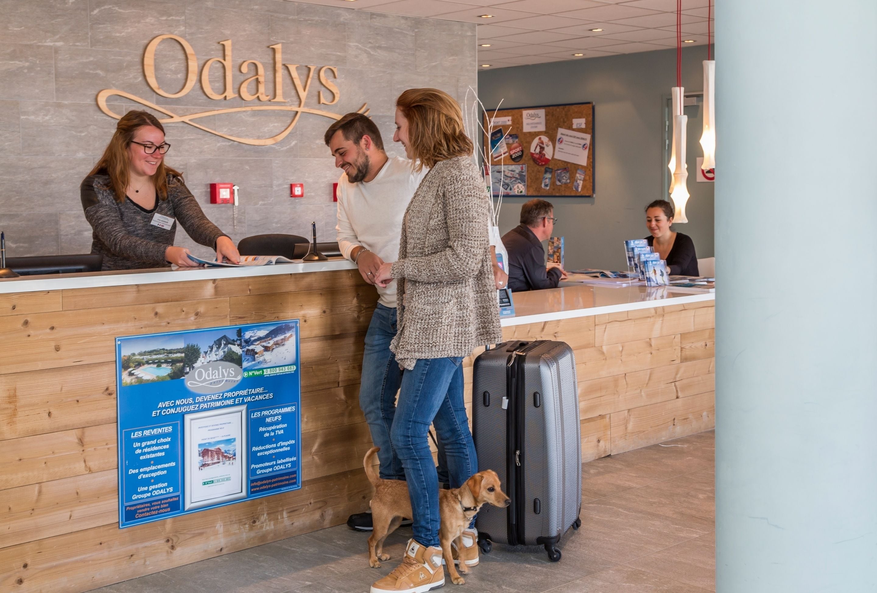A reception desk at Odalys with a wooden interior, a bulletin board with information, and a dog near the desk.