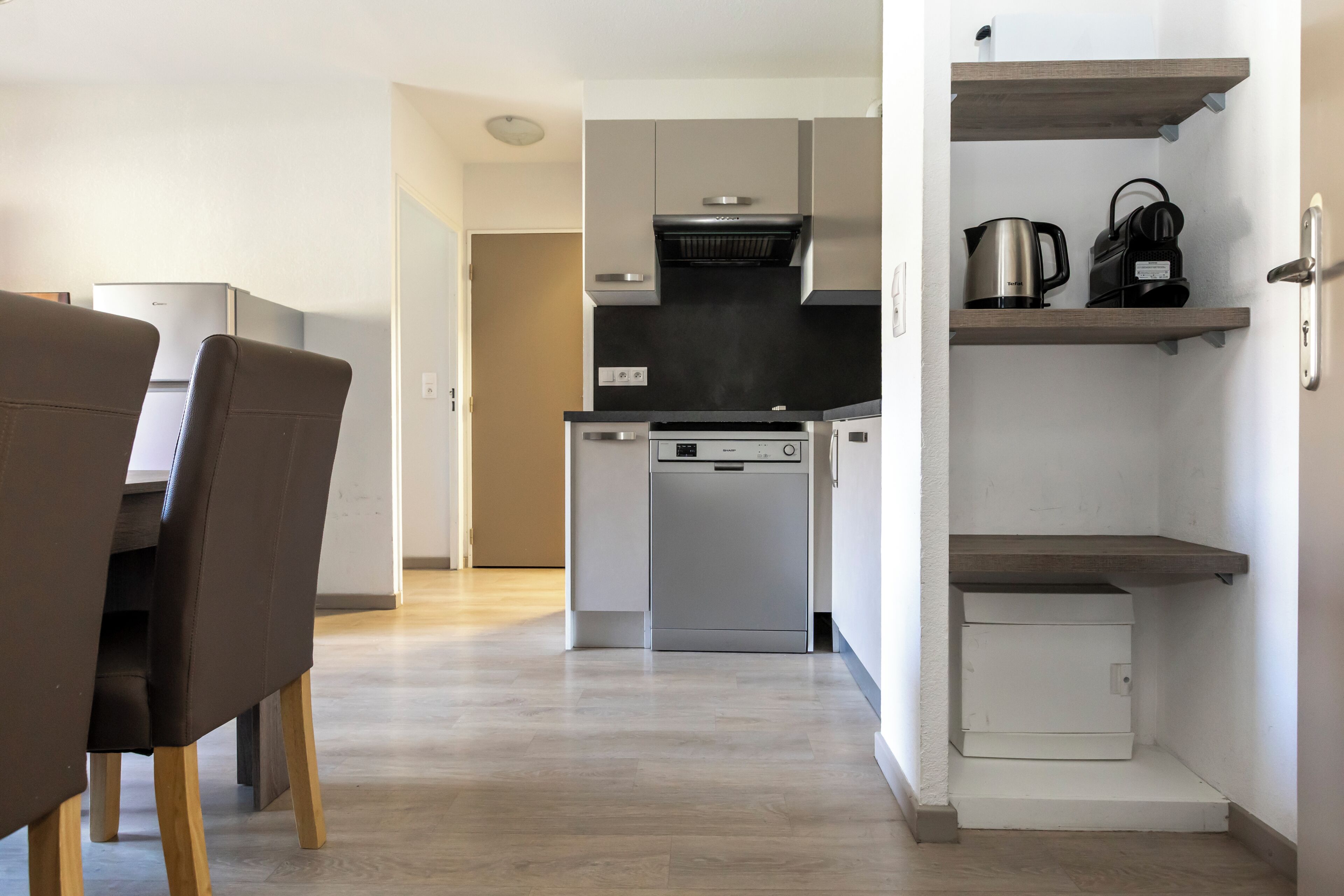 A modern kitchen with a dishwasher, a stove, and a coffee maker on a shelf.