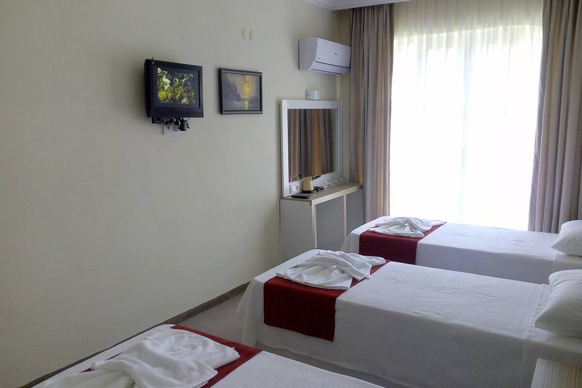 Una habitación de hotel con dos camas, televisión y aire acondicionado.