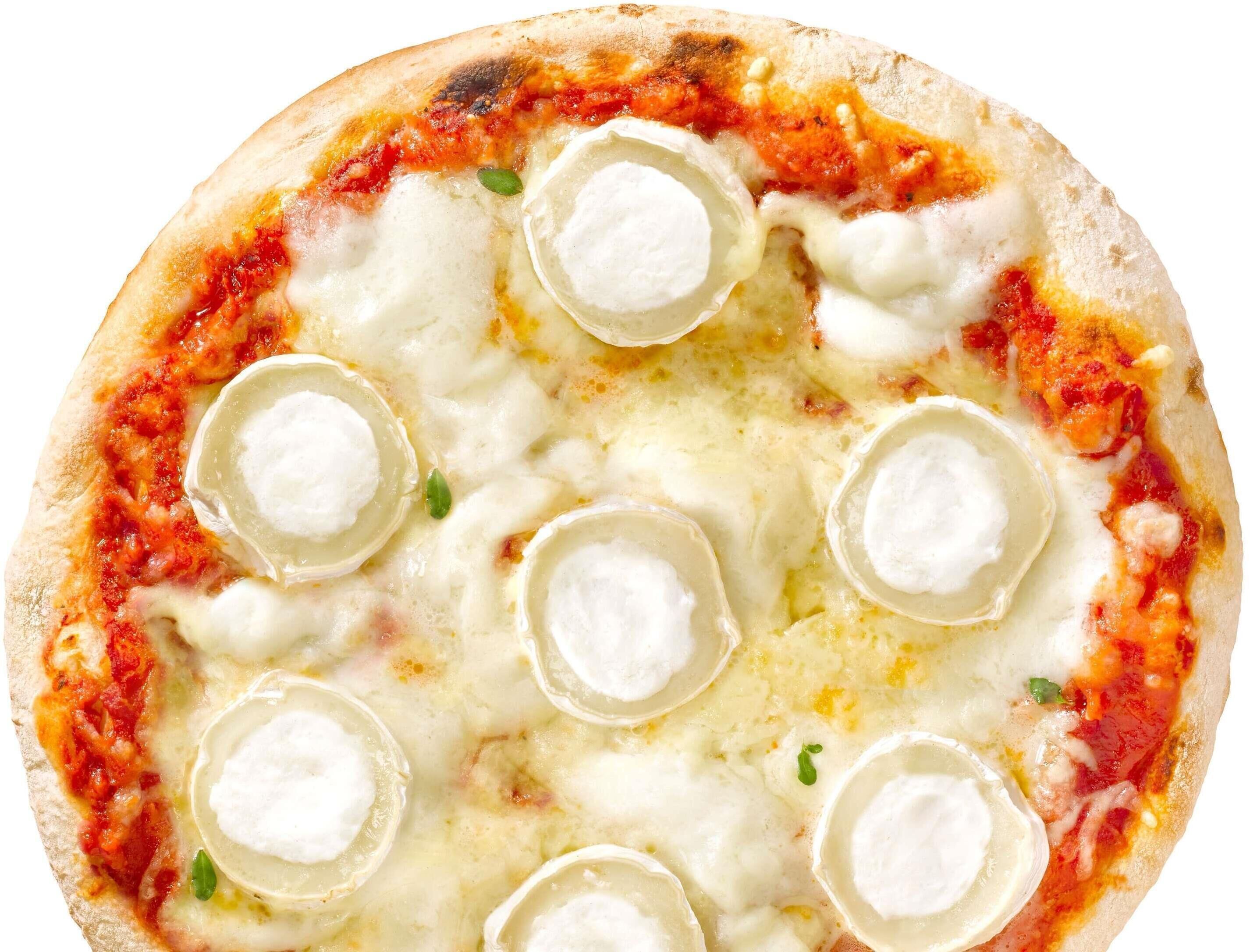 A pizza with cheese and tomato sauce.