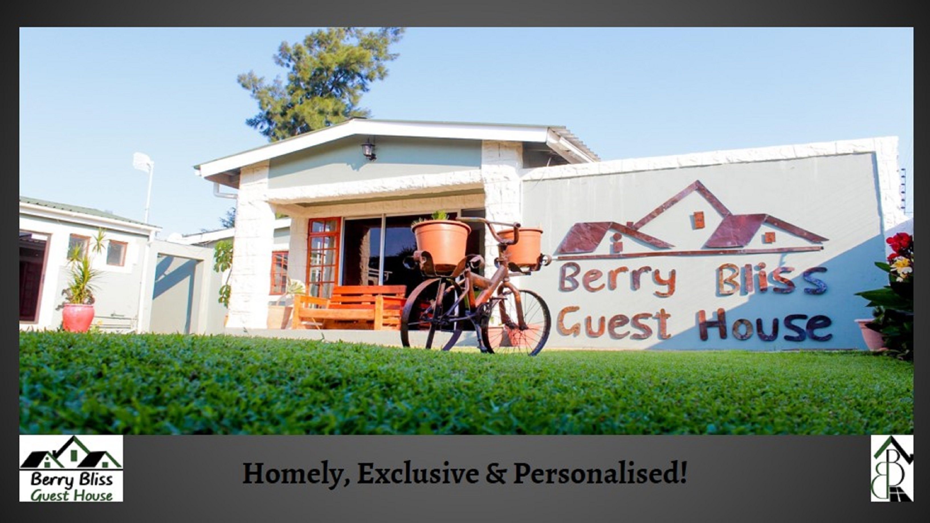 A guest house with a sign reading "Berry Bliss Guest House" and a bicycle with baskets. The text "Homely, Exclusive & Personalised!" is visible.