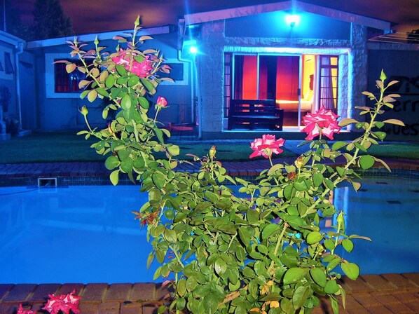 A modern house with a swimming pool, a patio, and a well-maintained garden with roses. - Berry Bliss Guest House (Gaborone)