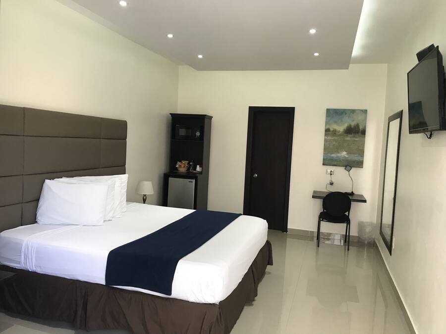 Habitación de hotel con una cama grande, un escritorio, una silla, un televisor y una puerta.