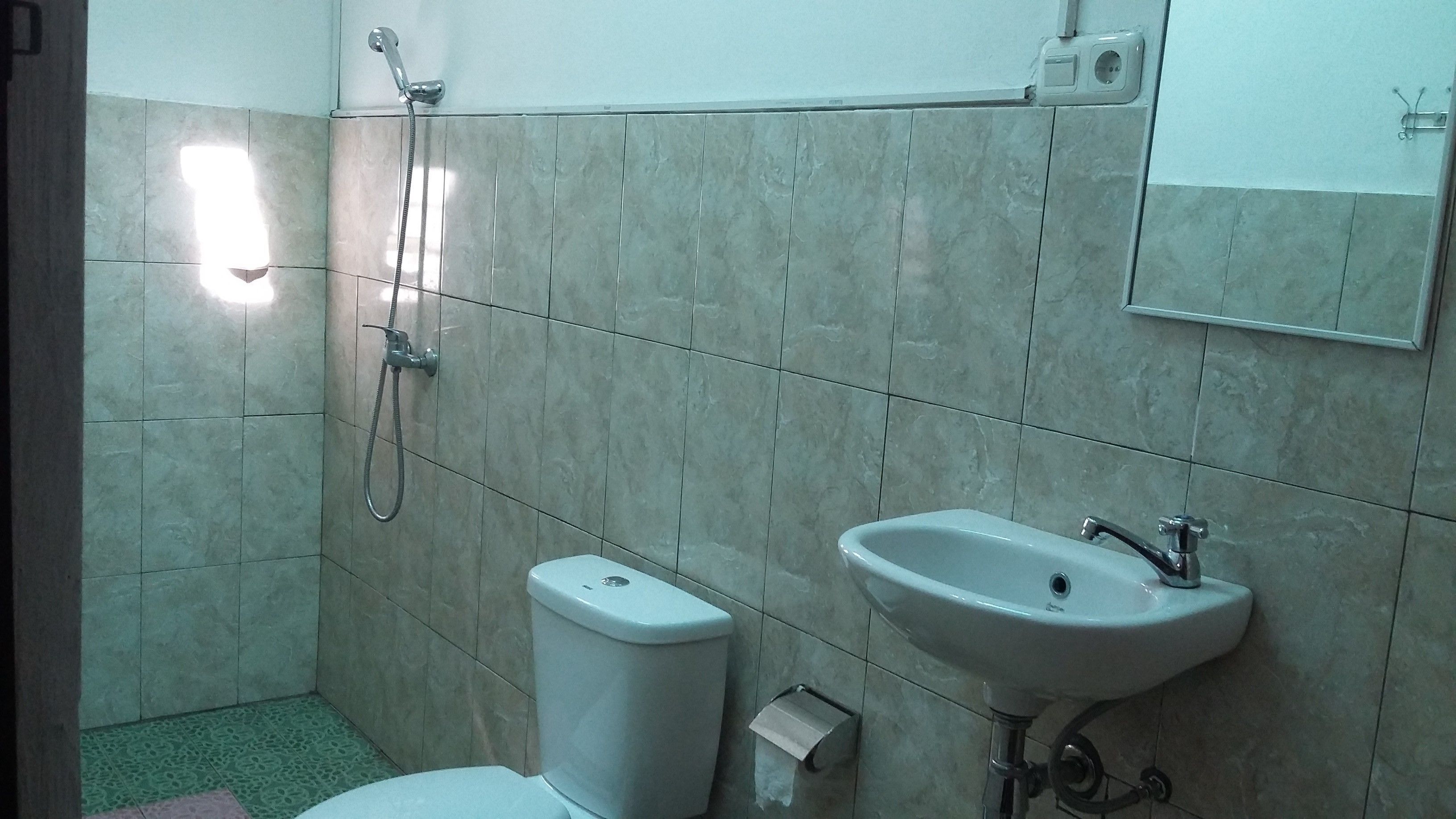 A bathroom with a toilet, sink, and shower.