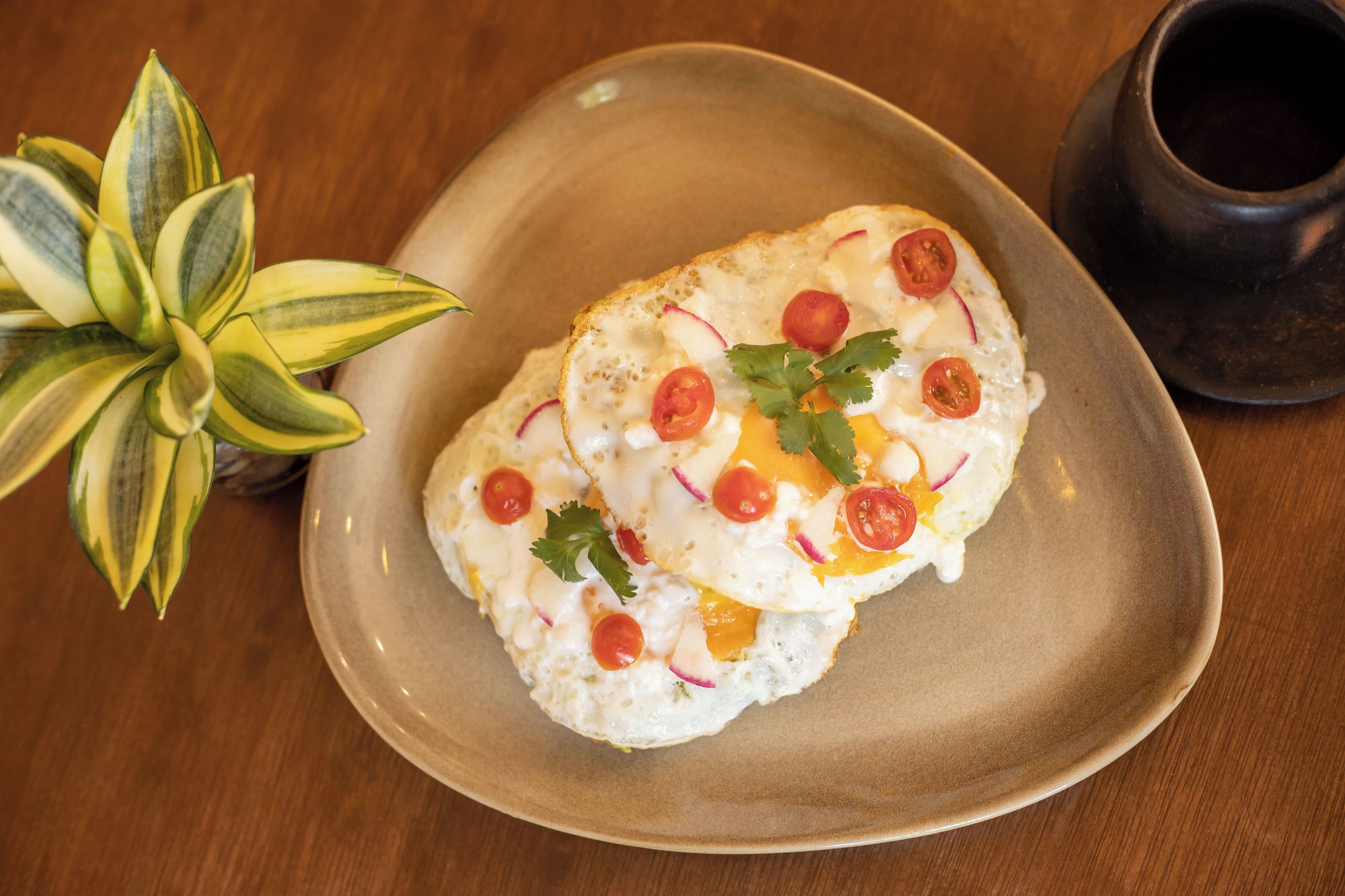 A plate with a breakfast dish of eggs, tomatoes, and herbs.