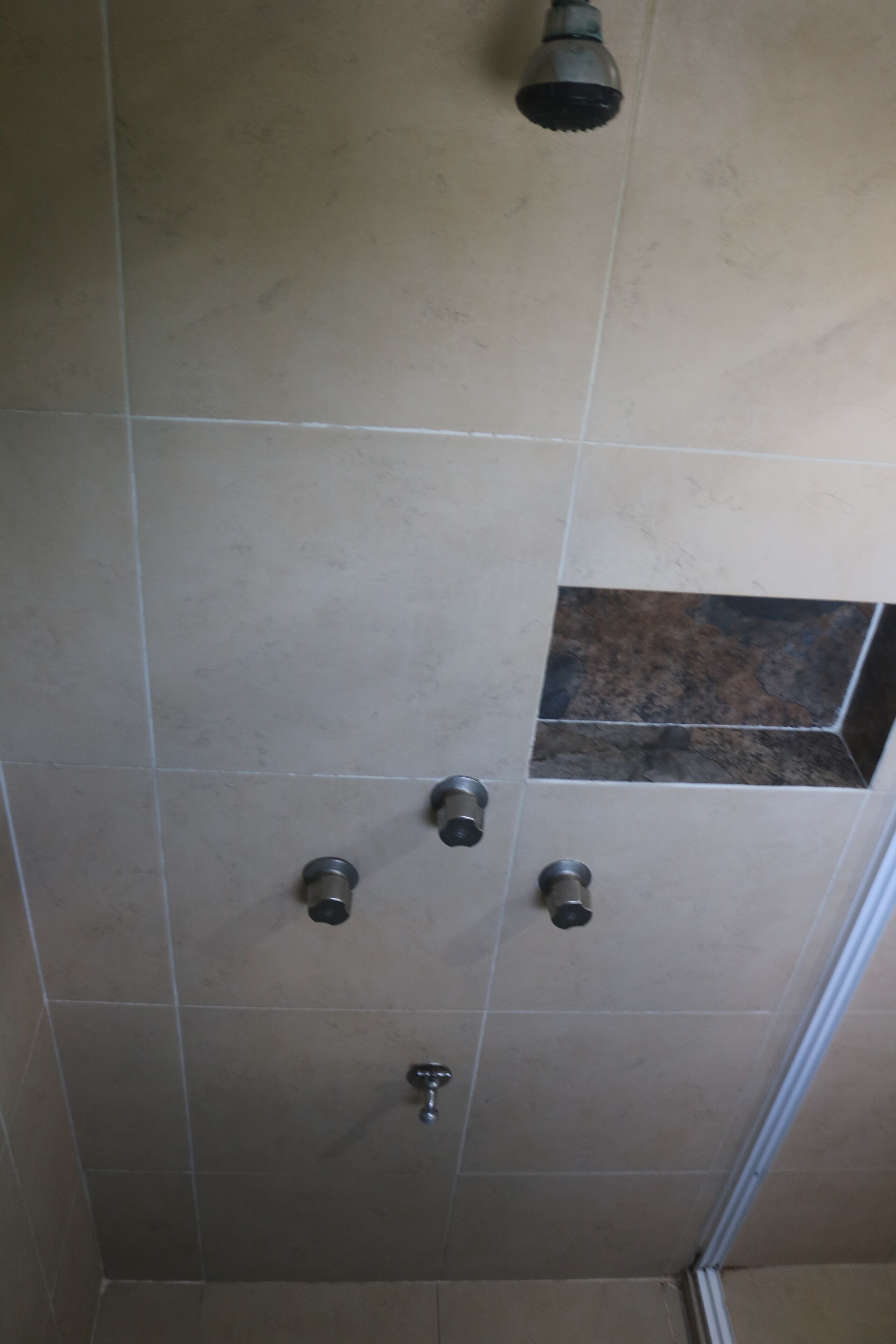 A shower with multiple fixtures, including a handheld showerhead and wall-mounted controls.
