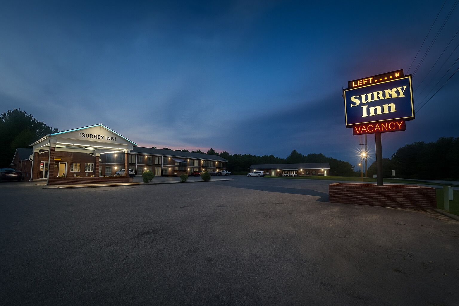 A motel with a sign indicating a vacancy.