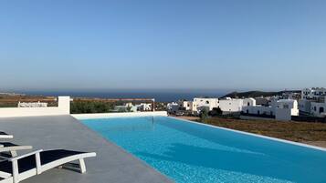 Seasonal outdoor pool, pool umbrellas, pool loungers