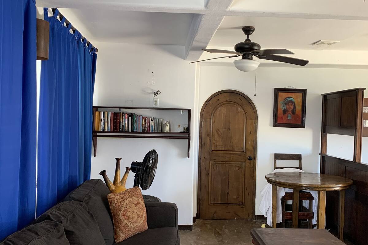 Een woonkamer met een bank, een ventilator, een plafondventilator, een houten deur, een boekenkast en een tafel.