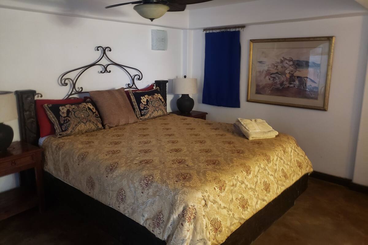 Een slaapkamer met een bed, een plafondventilator, een nachtkastje, een lamp, een lijst met een foto en een blauw gordijn.
