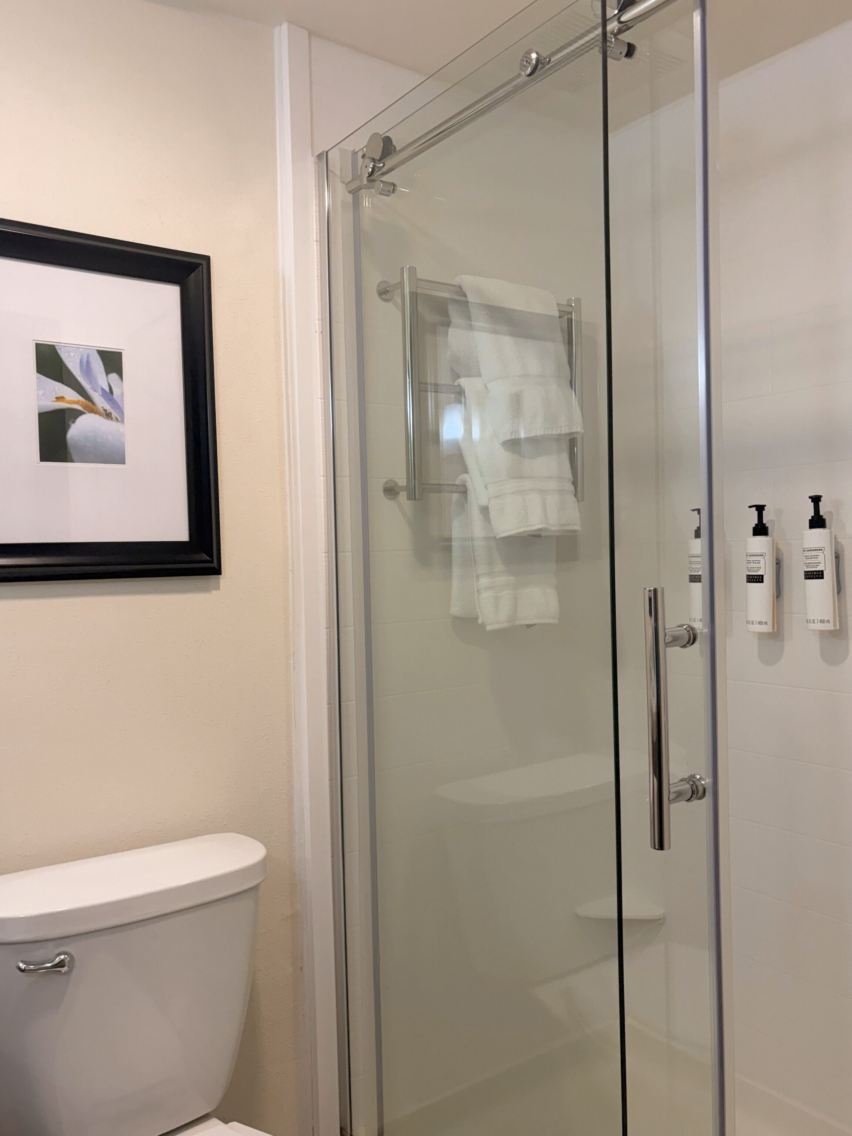Shower, free toiletries, hair dryer, towels