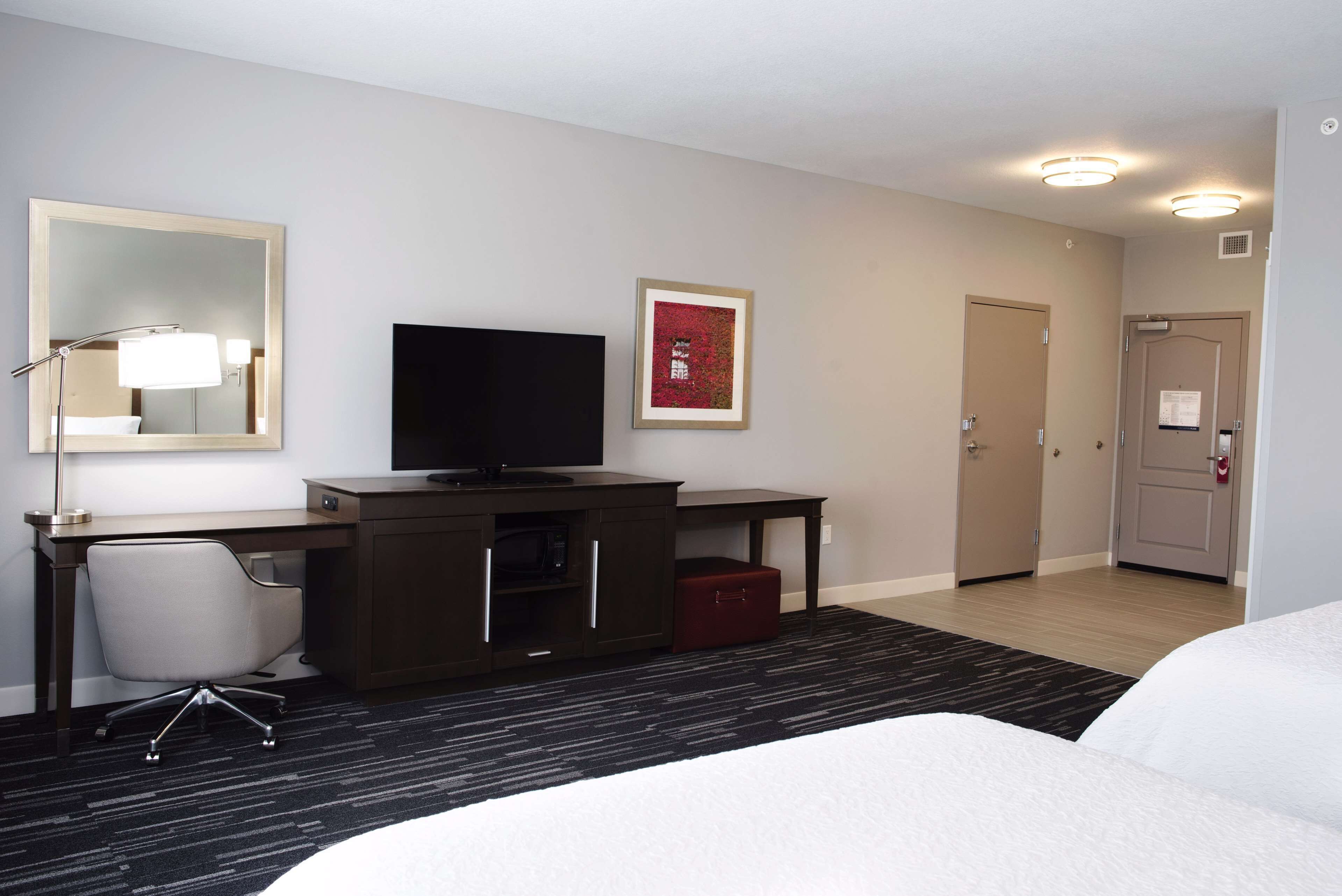 A hotel room with a bed, a desk with a computer, a TV, a mirror, a framed picture, and a door.