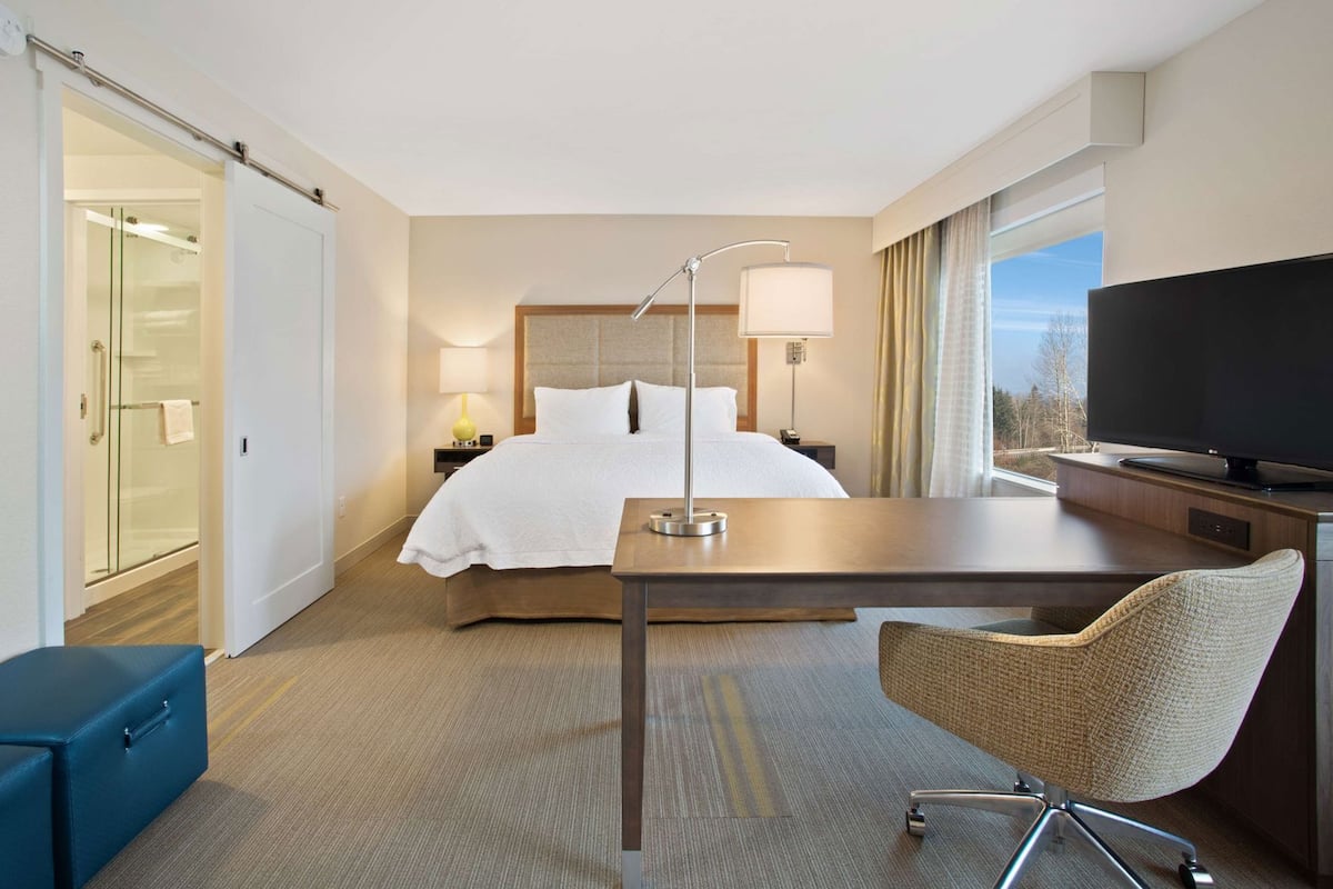 A hotel room with a bed, desk, chair, TV, and a glass shower enclosure.