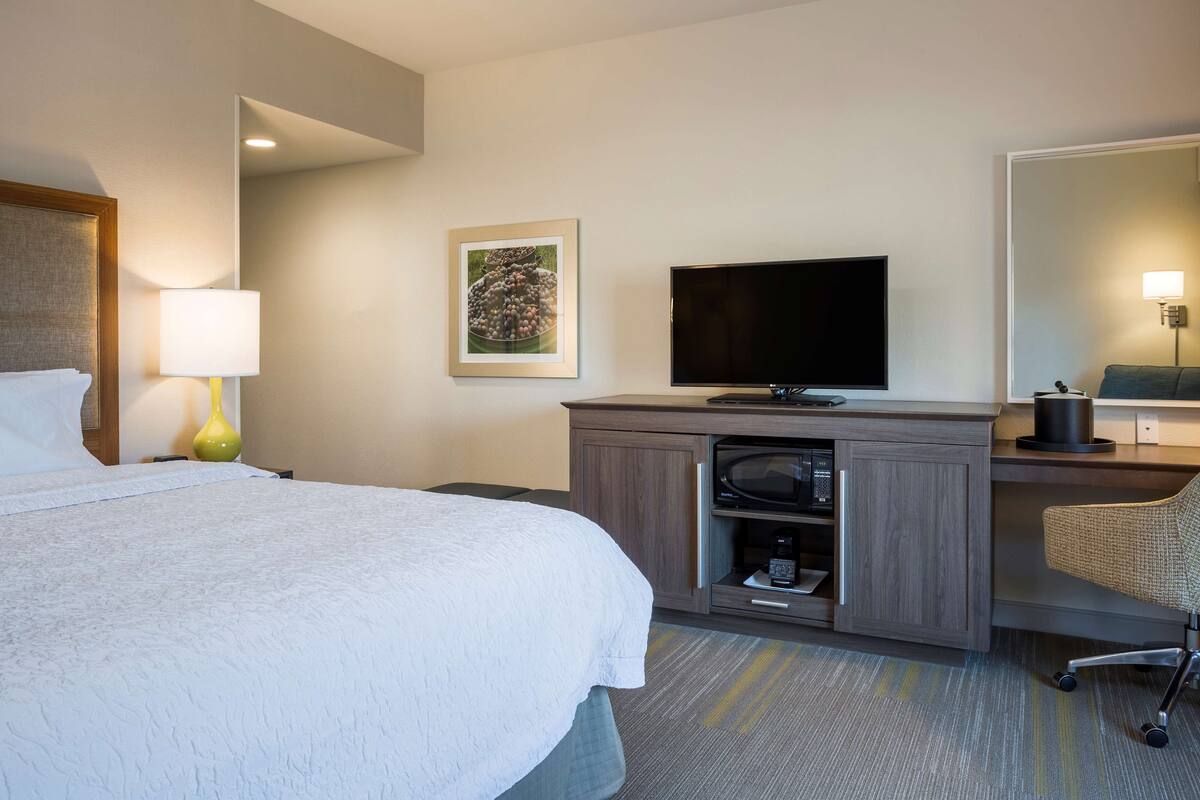 A hotel room with a large bed, a flat-screen TV, a desk with a computer, a chair, and a framed picture on the wall.