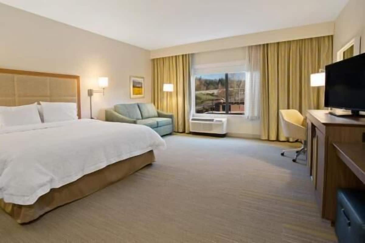 A hotel room with a large bed, a desk with a television, a chair, and a window with curtains.