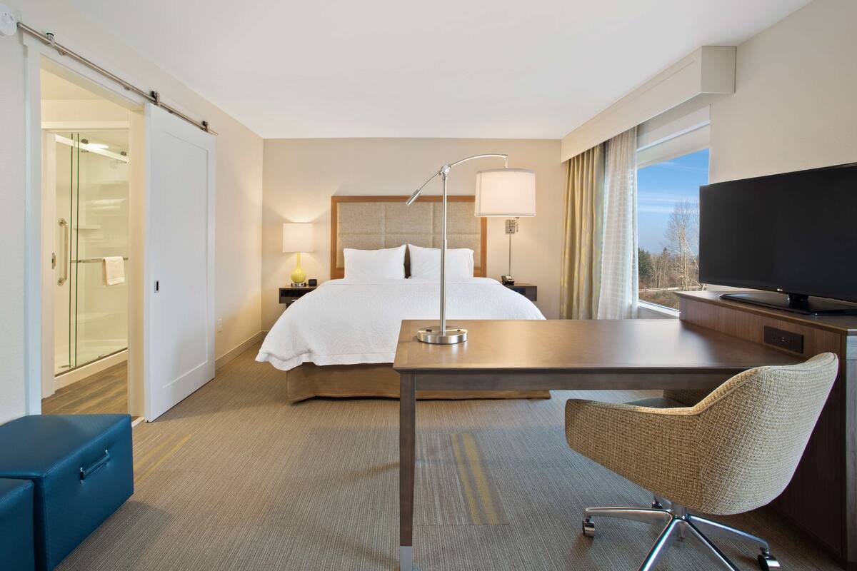 A hotel room with a bed, a desk, a chair, a television, and a glass shower enclosure.