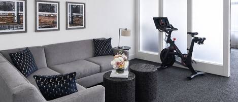 Un salon moderne avec un canapé gris, des coussins noirs à motifs, une petite table ronde ornée d’un vase de fleurs et un vélo d’appartement.