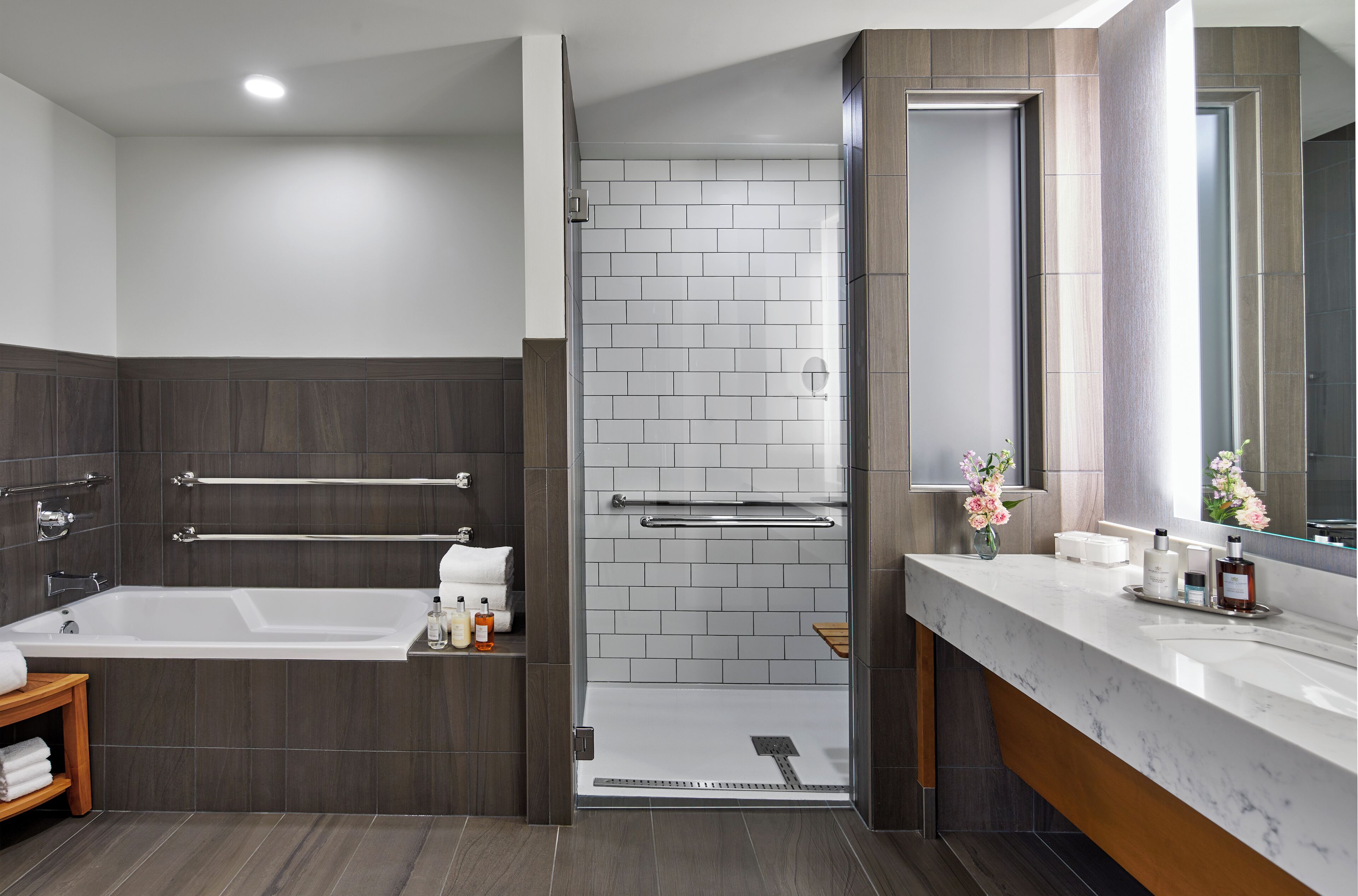 luxury suite, mobility accessible | bathroom | shower, free toiletries, hair dryer, bathrobes