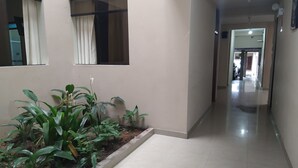 Un couloir avec un sol carrelé, un espace dédié aux plantes en pot et une fenêtre avec des rideaux.