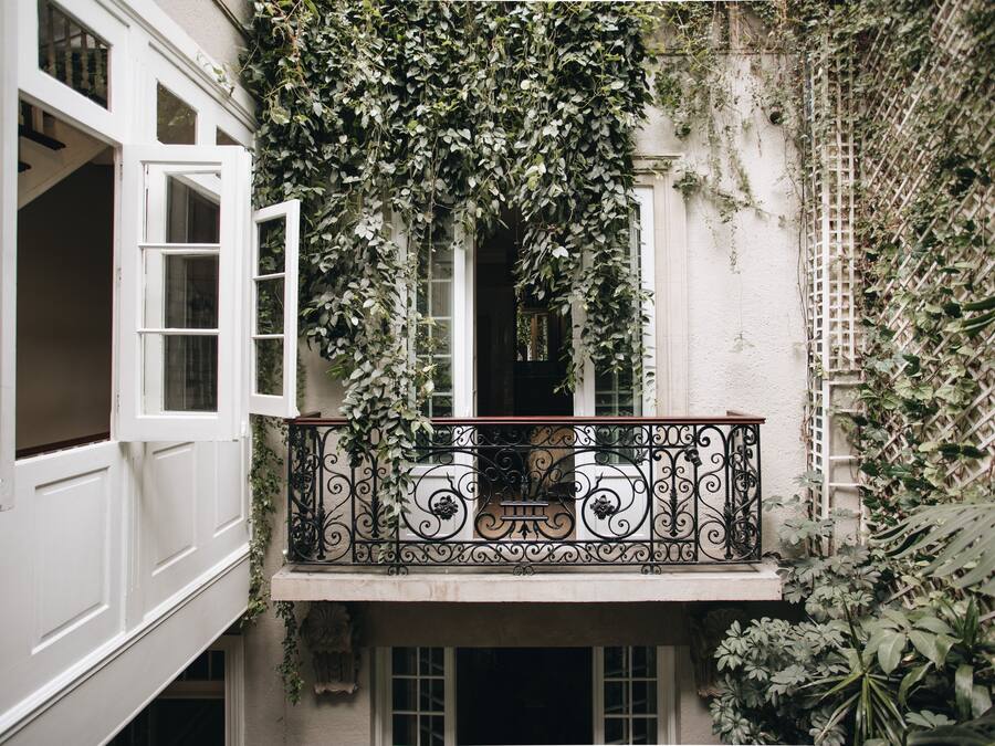 Un balcon orné de balustrades en fer forgé, entouré d’une végétation luxuriante et de lierre.