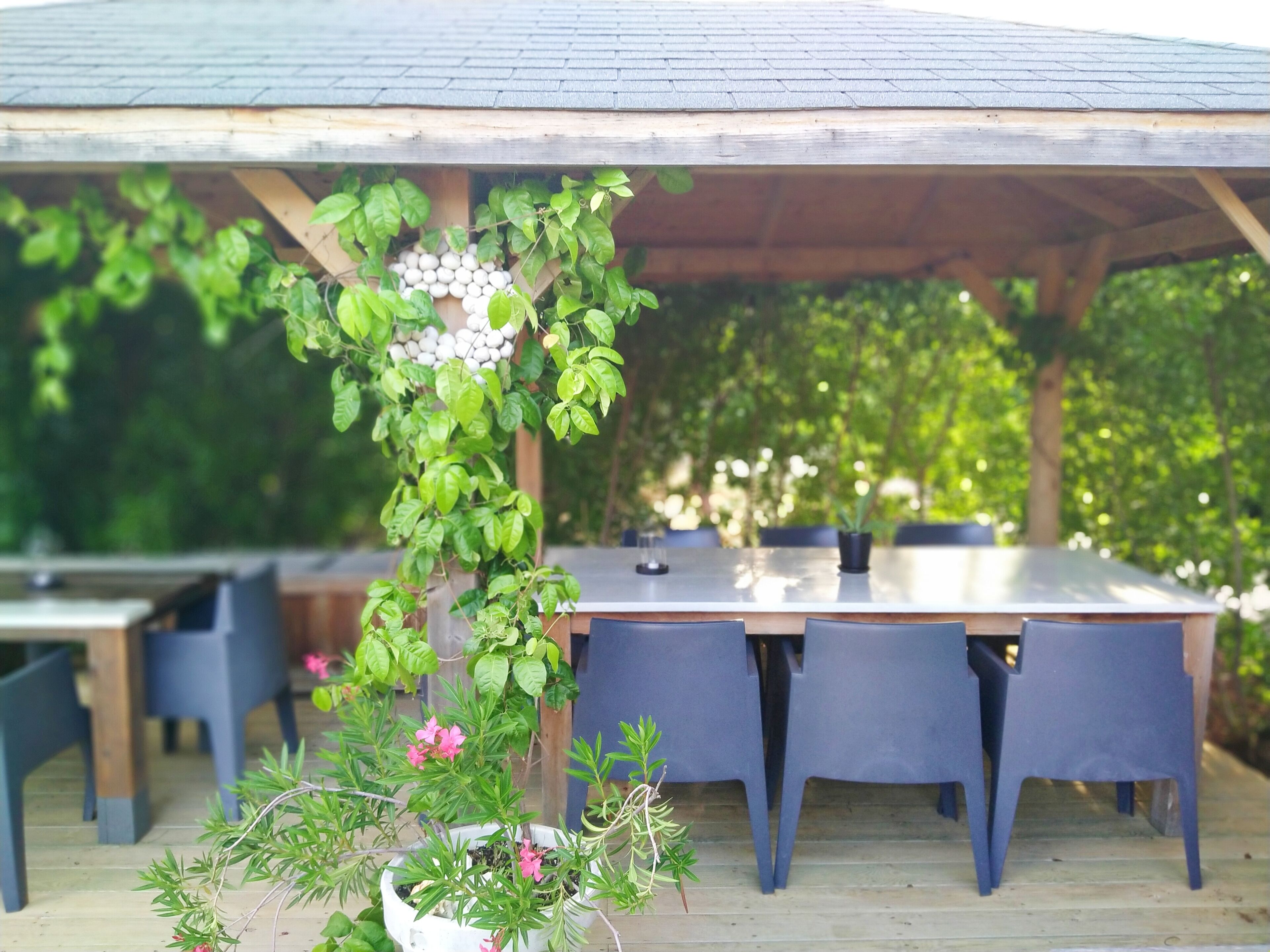 Uma área de refeições ao ar livre com mesa e cadeiras cobertas, cercada por vegetação e um deck de madeira.