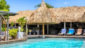 A swimming pool with a thatched roof structure, lounge chairs, and potted plants. - Red Palm Village (Kralendijk)