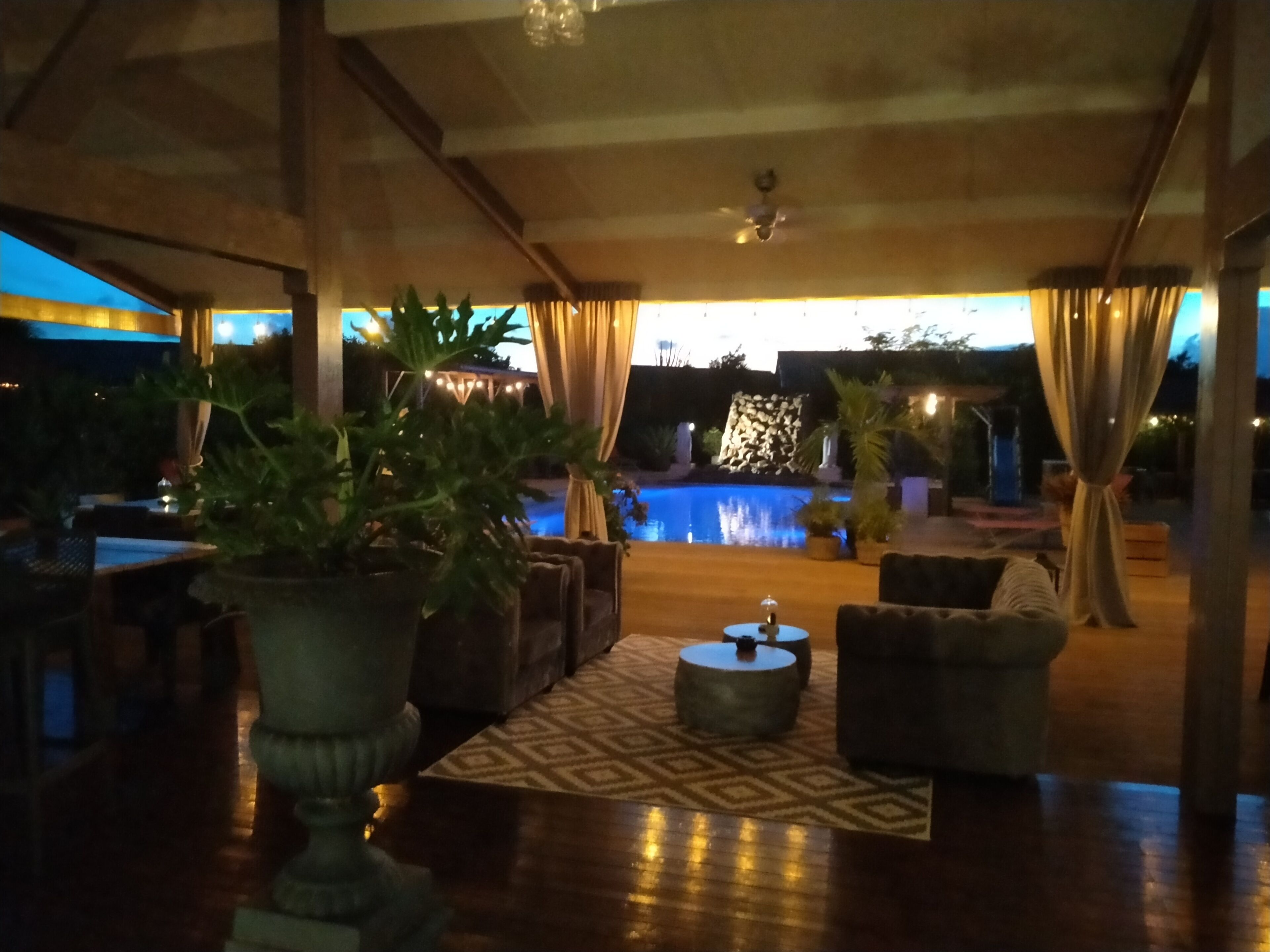 An outdoor seating area with a pool, potted plants, and a patterned rug.