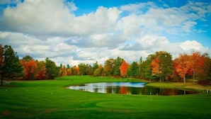 A golf course with a pond, surrounded by trees with autumn foliage. - The Loon (Gaylord)