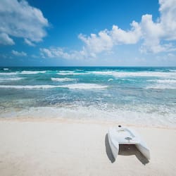 On the beach, sun loungers