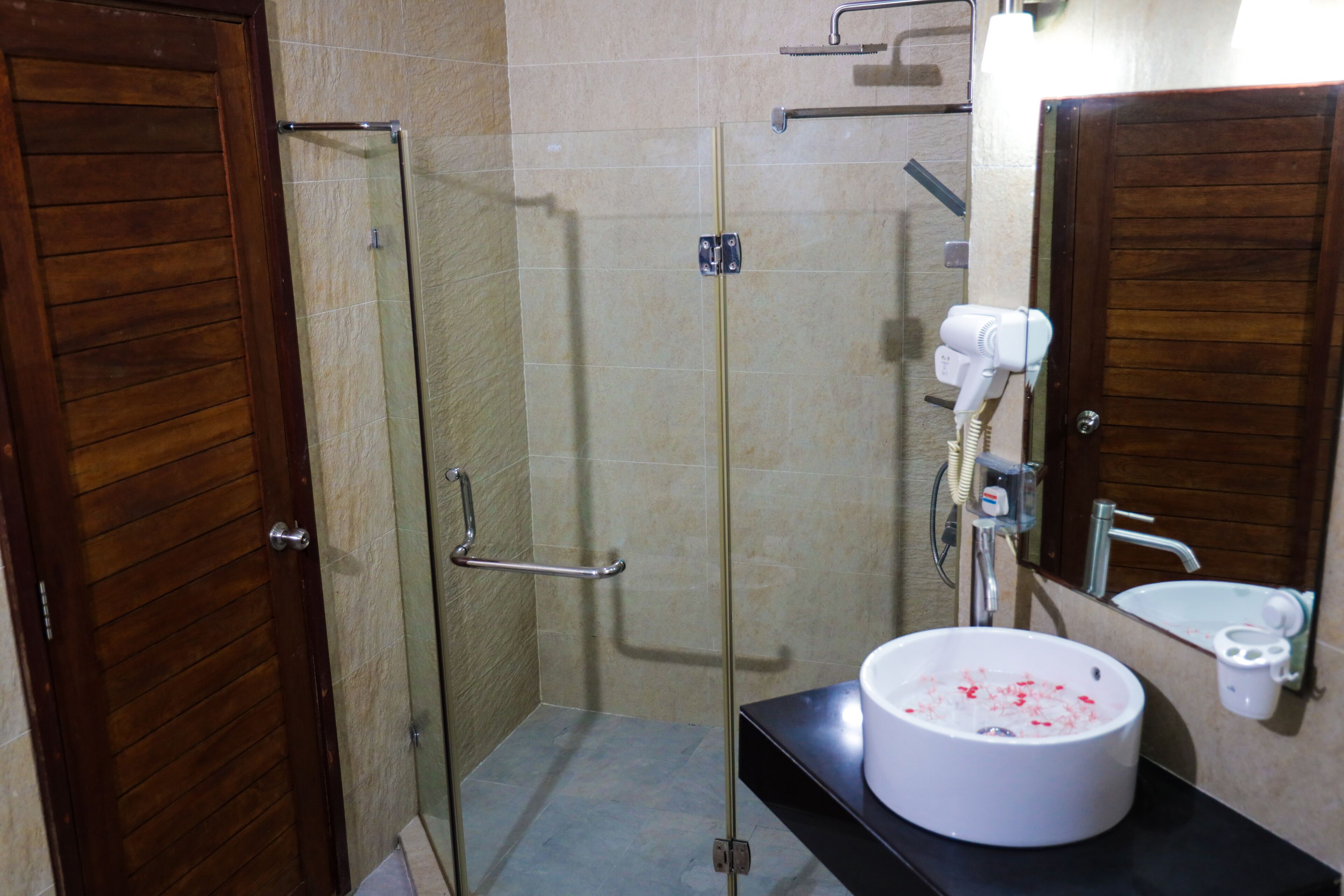 A bathroom with a glass shower enclosure, a white sink with a soap dispenser, and a wooden door.