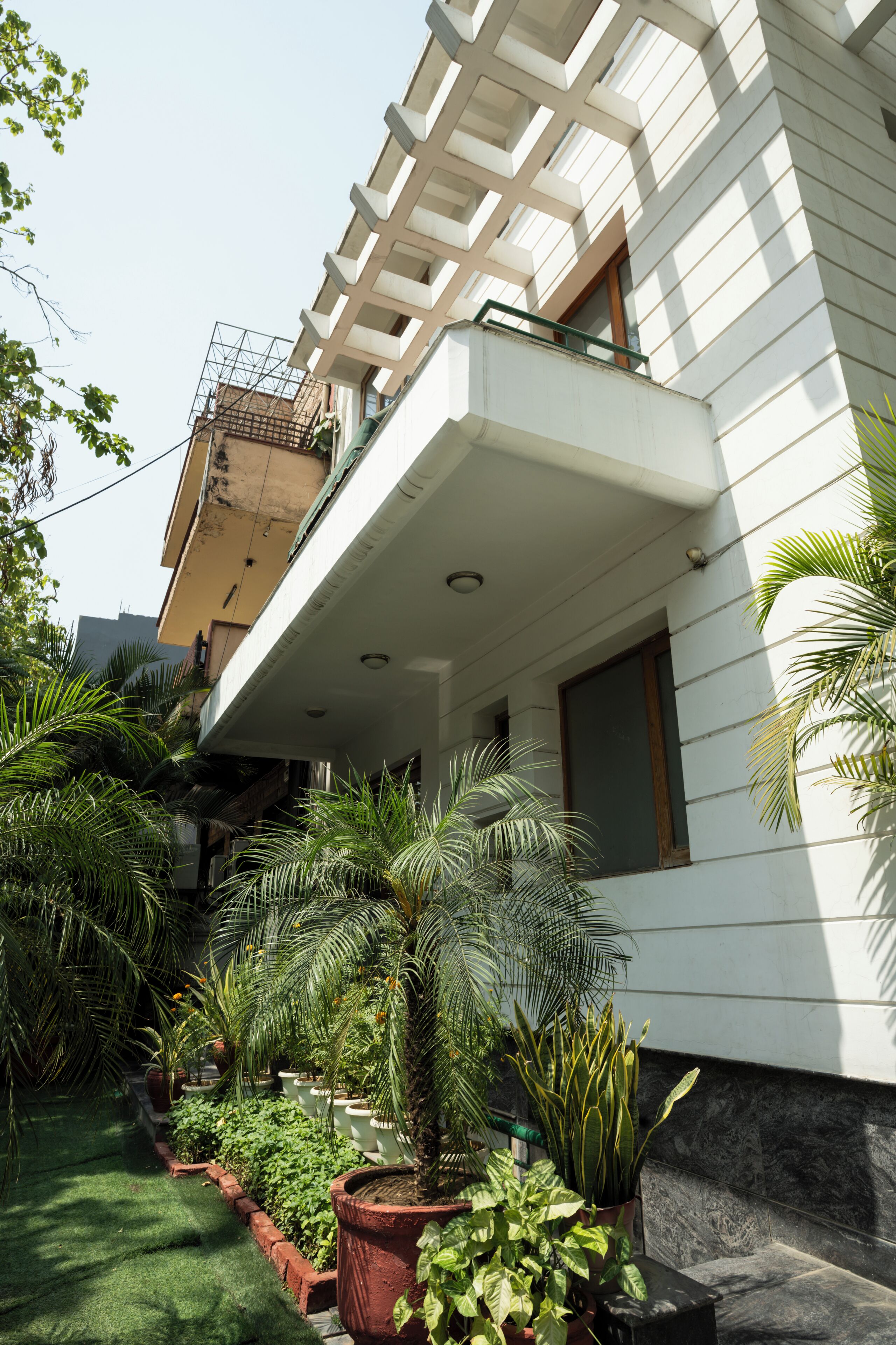 A modern building with a balcony, surrounded by lush greenery and potted plants.