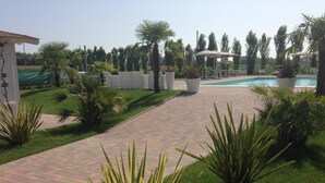 A paved pathway leading to a pool area with palm trees and planters. - Hotel Bussana (Porto Tolle)