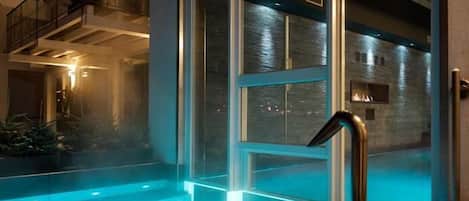 Indoor pool, outdoor pool, open 10:00 AM to 8:00 PM, pool loungers