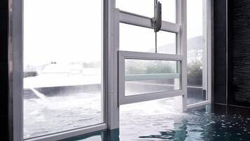 Indoor pool, outdoor pool, open 10:00 AM to 8:00 PM, pool loungers