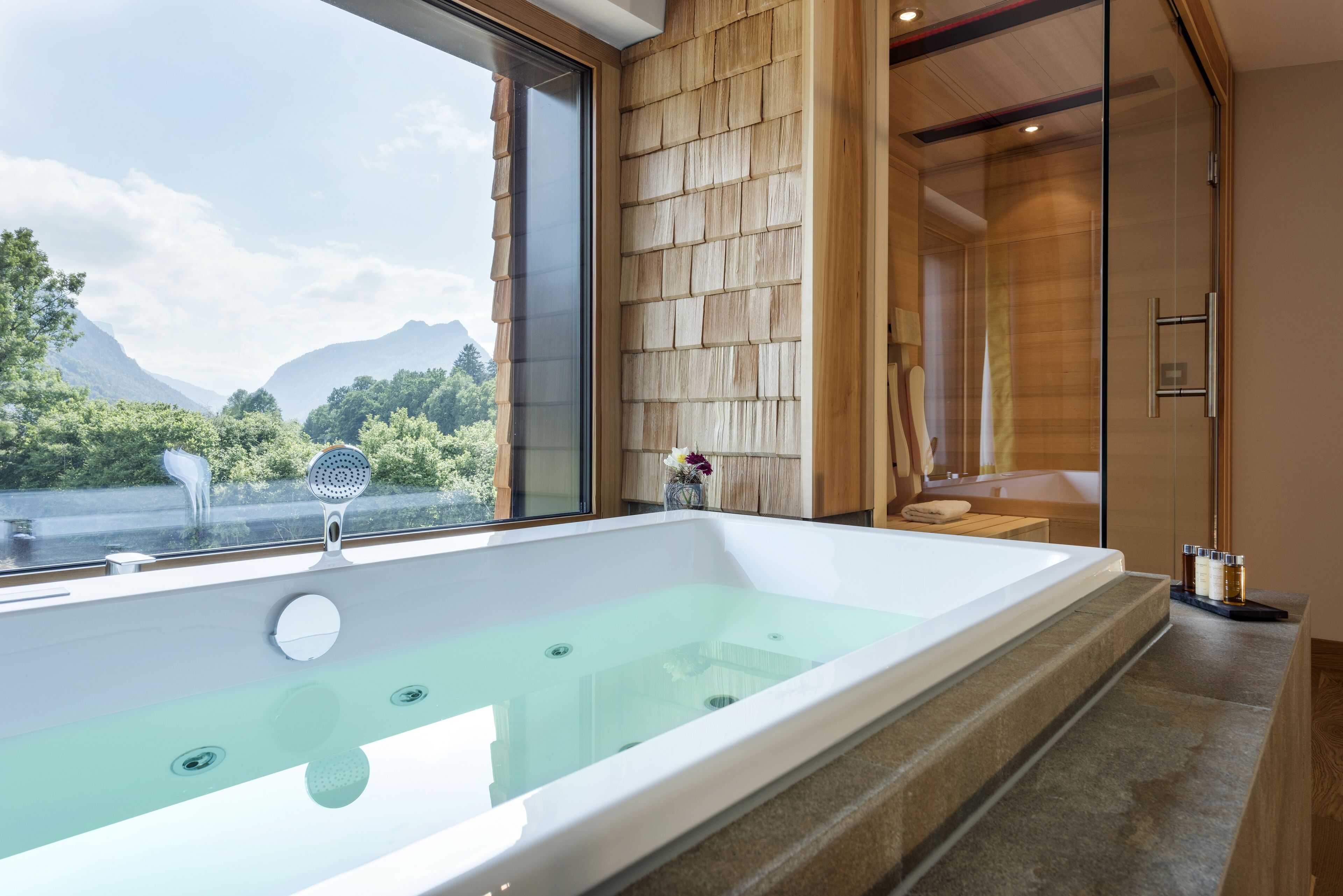 A modern bathroom with a large bathtub, a glass shower enclosure, and a view of a mountainous landscape.