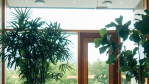 A couple in a swimming pool with large windows and indoor plants. - Klosterhof - Alpine Hideaway & Spa (Bayerisch Gmain)