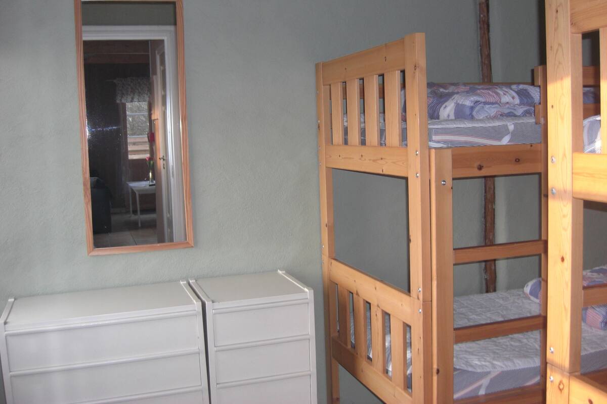A bunk bed with a wooden frame and a white dresser with drawers.