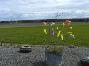 En krukväxt med färgstarka dekorationer, placerad i ett område med grus, med utsikt över en grön äng och en molnig himmel.