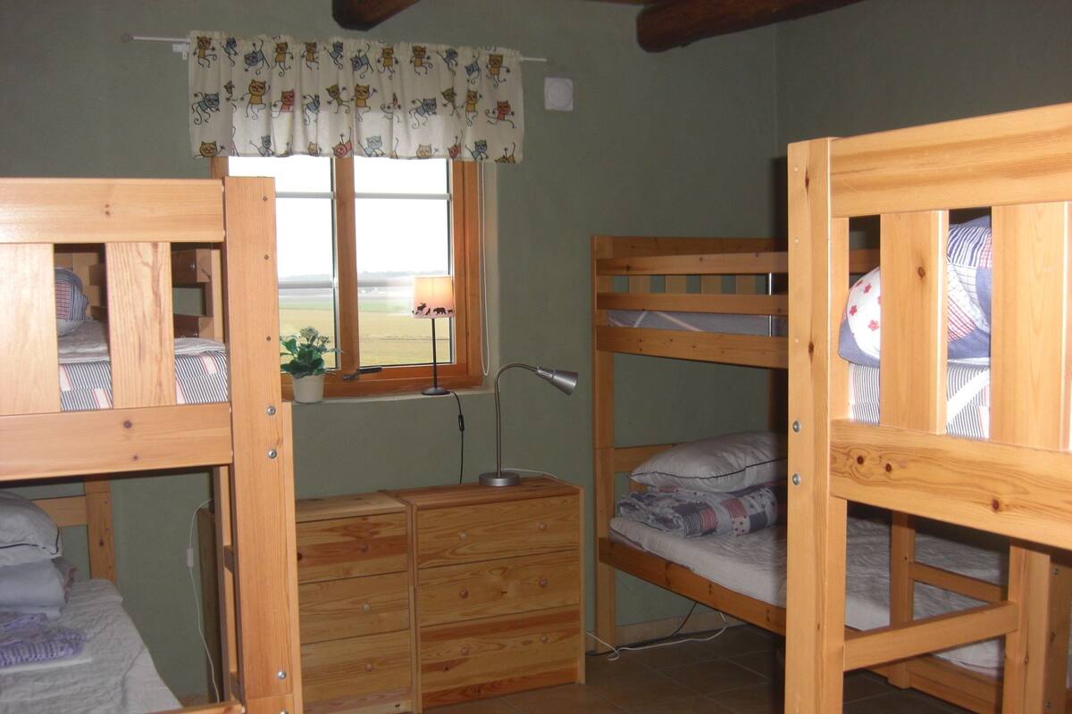 A bunk bed room with a wooden desk, a lamp, and a window with a view.