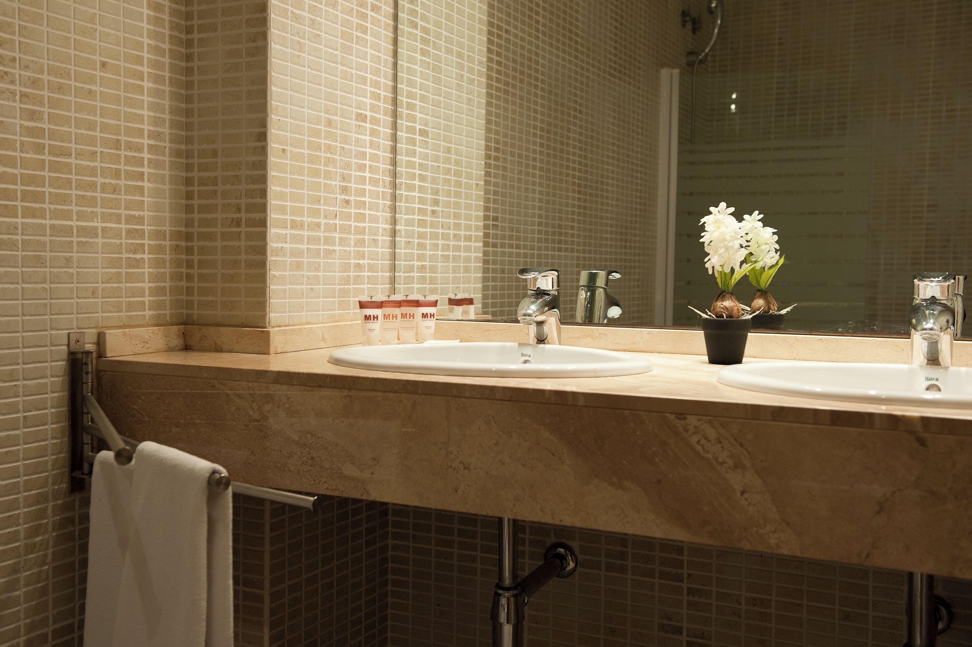 A bathroom with two sinks, a mirror, and a potted plant with white flowers.