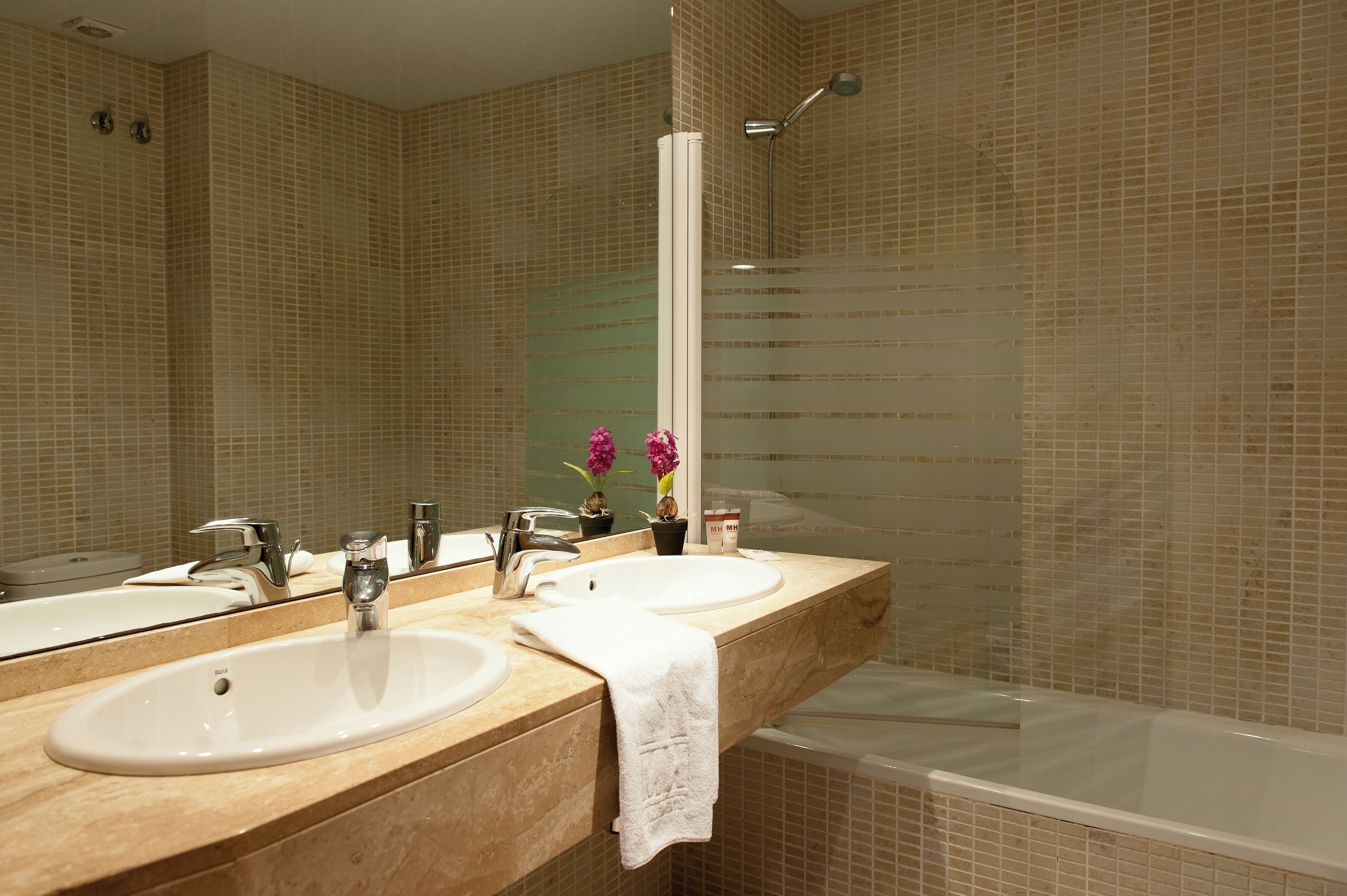 A bathroom with two sinks, a mirror, and a shower.