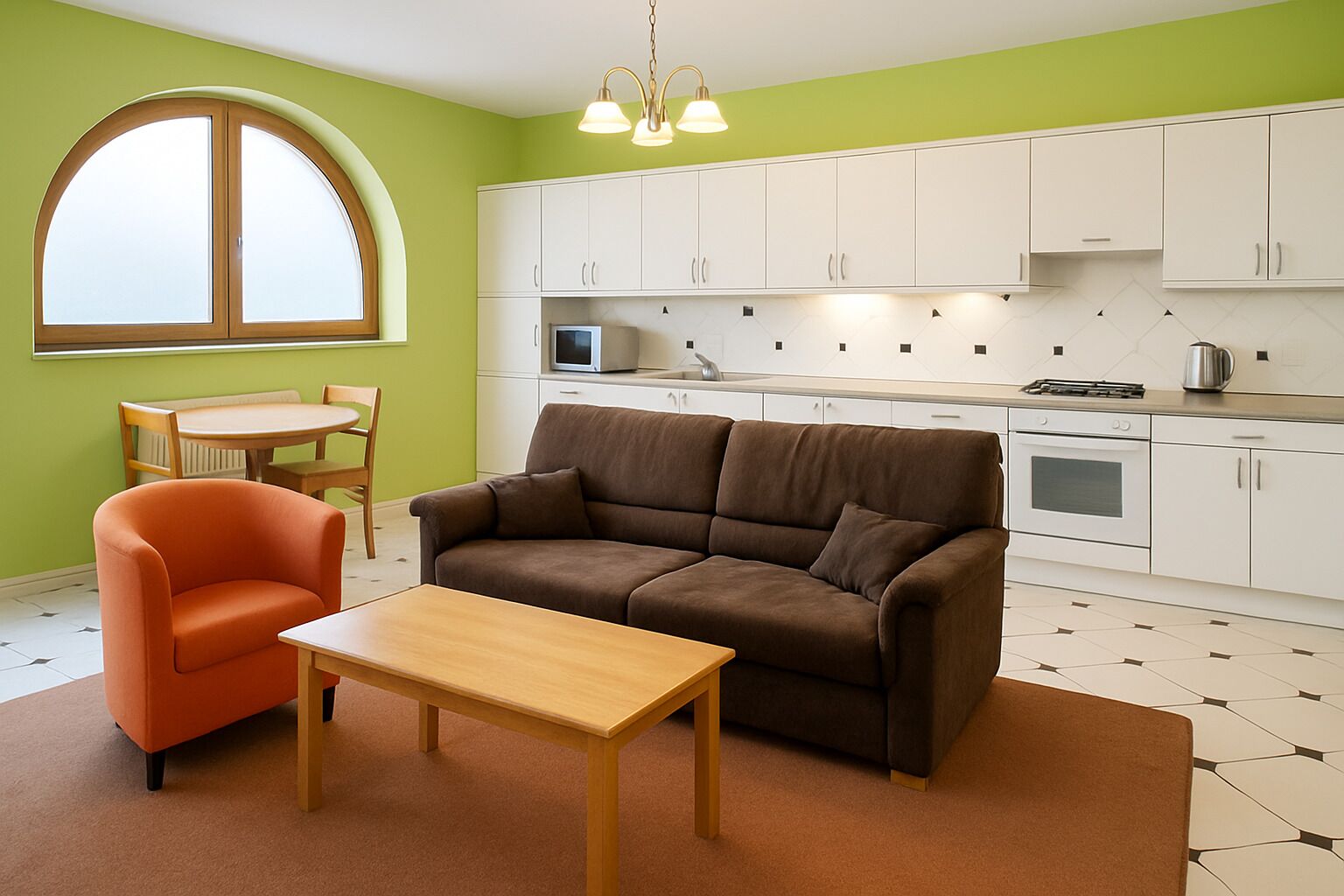 En kompakt opholdsstue med en sofa, et lille bord og en stol. Et køkken med skabe og hårde hvidevarer ses i baggrunden.